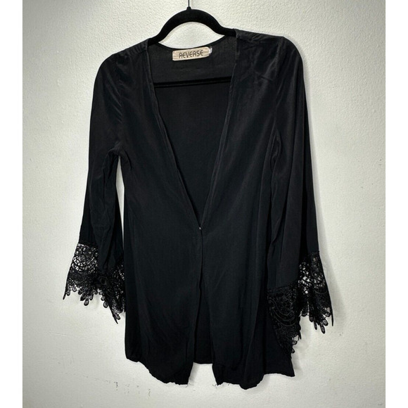 Reverse Black thin Lace Trim Sleeves Front Snap Coverup Top Small - Picture 4 of 13